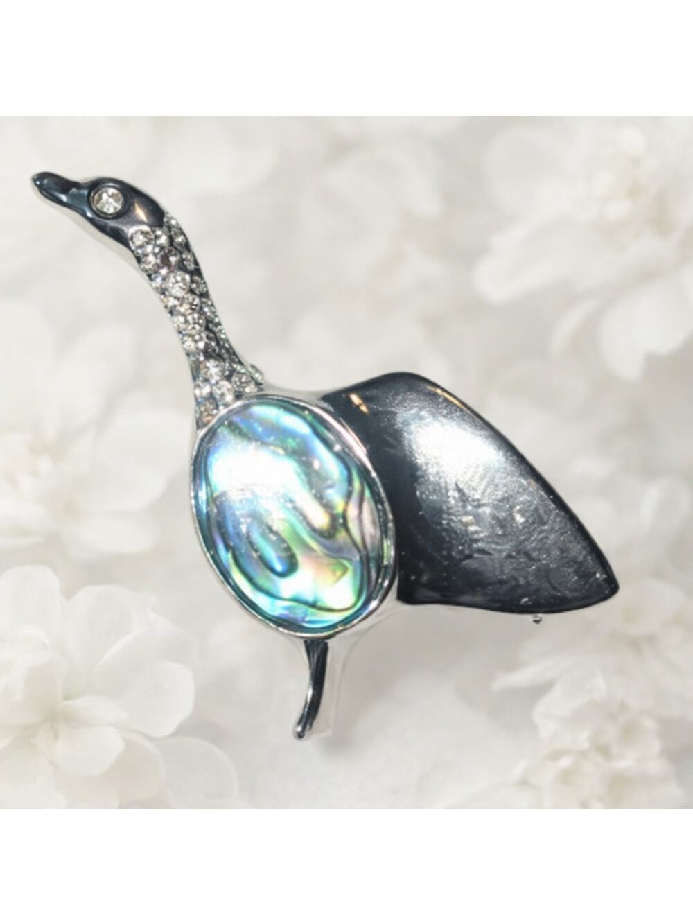 Silver Tone Bird Brooch Abalone Shell and Rhinestone Accents see description